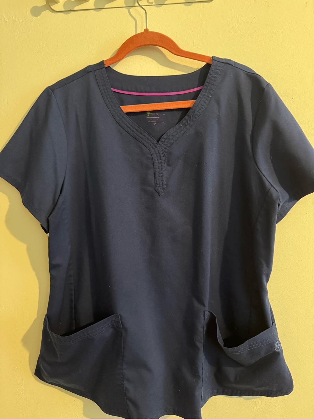 Navy Healing Hands V-Neck Scrub Top with Front Pockets